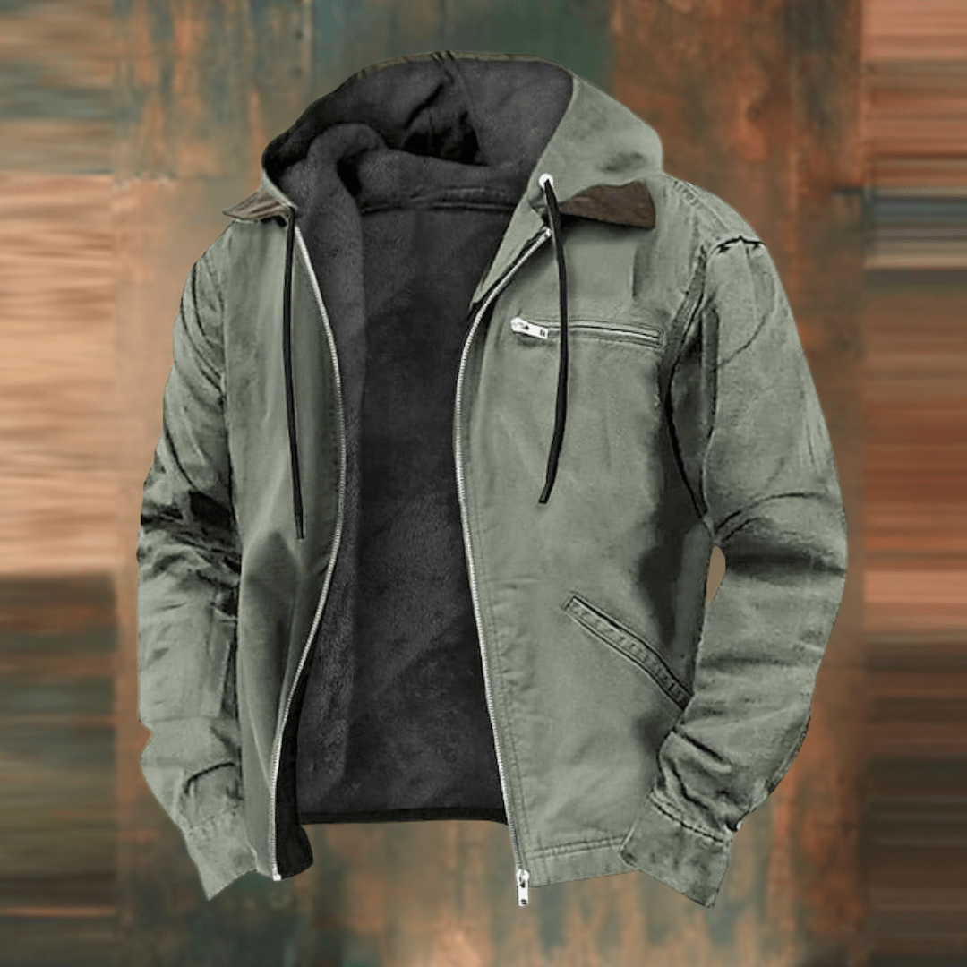 Męska bluza typu bomber z kapturem, ocieplana i z kieszeniami zamykanymi na zamek